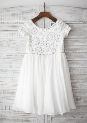 Ivory Chiffon Beaded Short Sleeves Knee Length Flower Girl Dress 